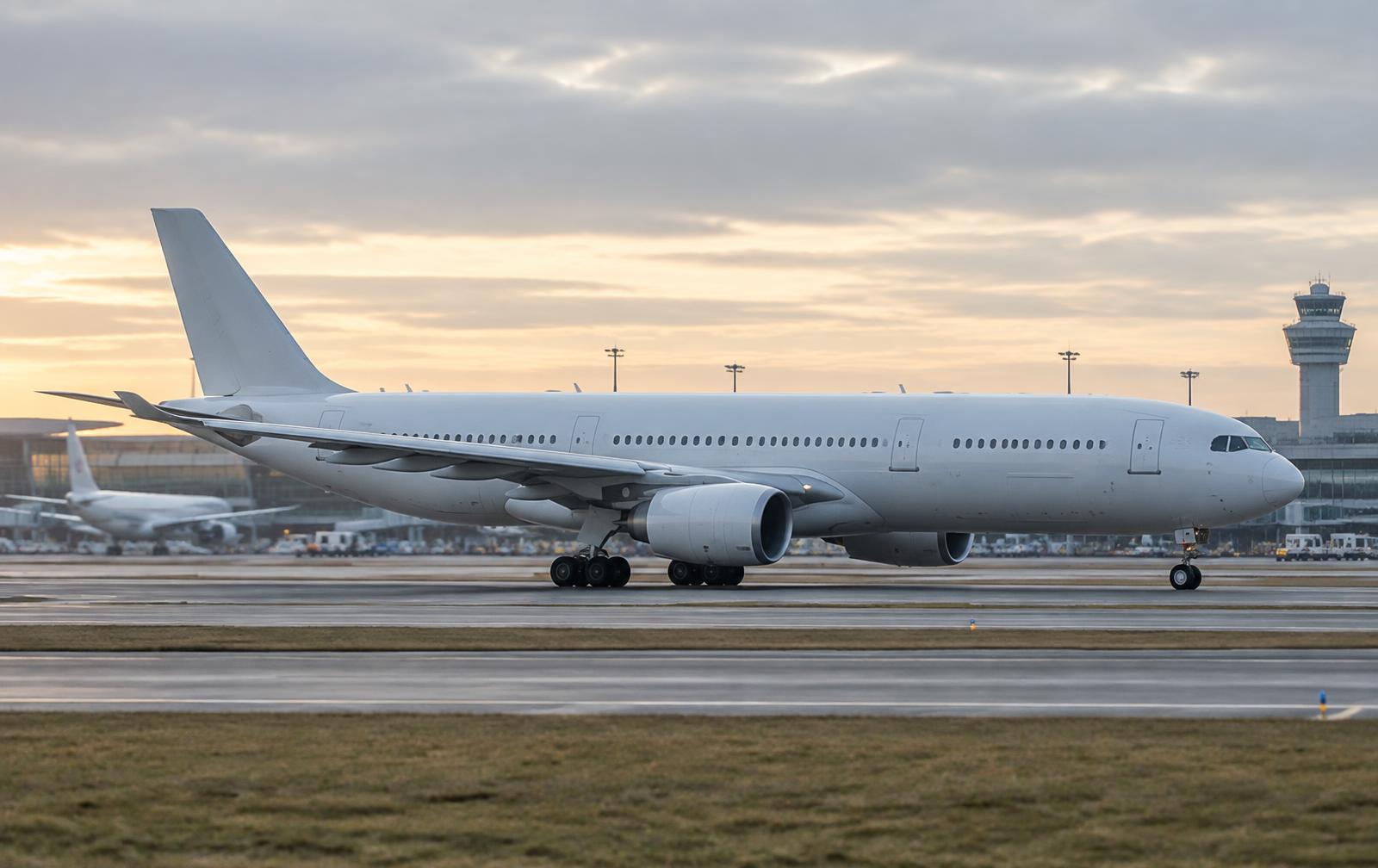 A commercial aircraft taxiing at an airport